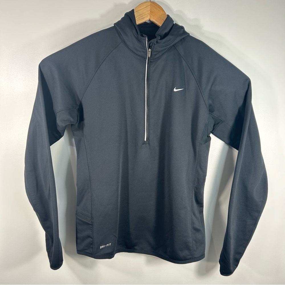 Nike Running Dri-Fit 1/4 Zip Pull Over Hooded Jacket BLK Back Zip Pocket Women L